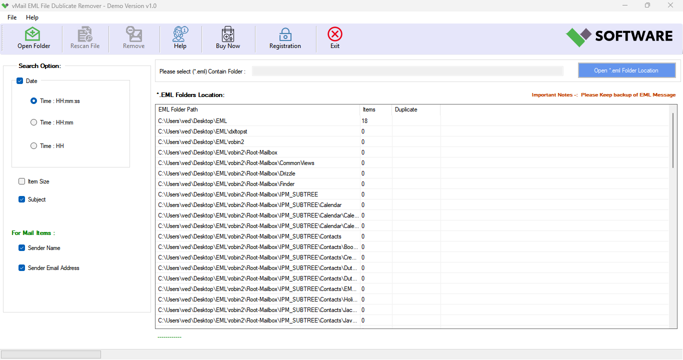 Preview EML File Folders List