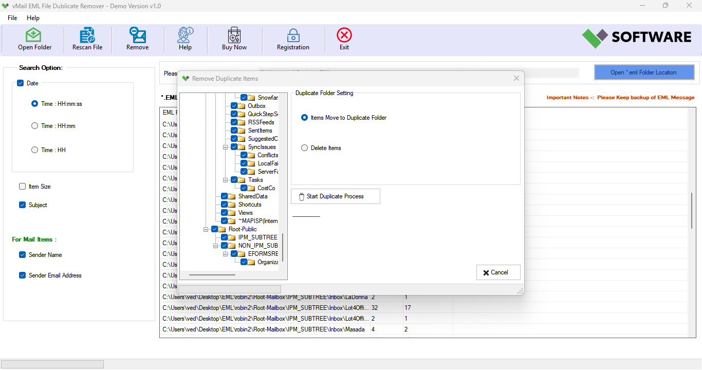 Move or Delete Duplicate (*.eml) Message Items