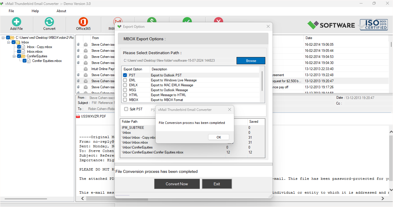 Complete to Export process to selected file format